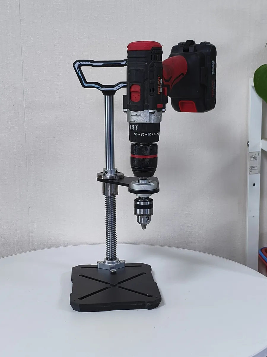 U1 Universal Drill Station holding a red cordless drill, viewed from the front
