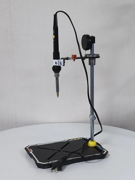 P1 Mini Precision Press with the soldering iron mounted on its vertical carriage